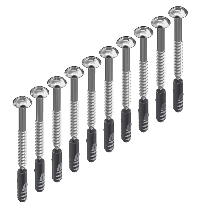 10 PCS. STAINLESS STEEL BUTTON HEAD SCREWS 10 X 70 AND WALL PLUG